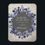 Blauwe Botanische Baksteen Bruiloft Save The Date Magneet<br><div class="desc">Een elegante rustieke bruiloft bespaart de datummagneet met een botanisch blauw loof ontwerp met een zwarte en witte bakstenen achtergrond. Kijk voor bijpassende bruiloft uitnodigingen en andere coördinerende items bij Jill's Paperie.</div>