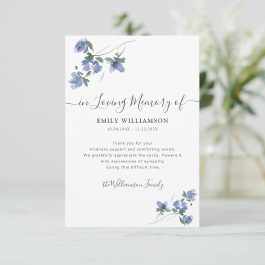 blauwe botanische begrafenis bedankt voor je opmer (Staand voorkant)