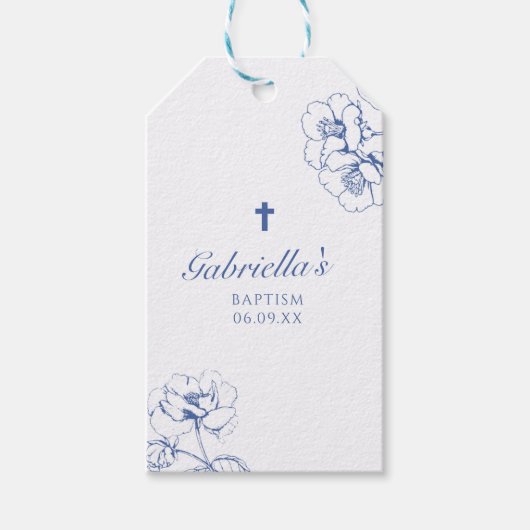 Blauwe Botanische Bloemen Doop  Cadeaulabel (Voorkant)
