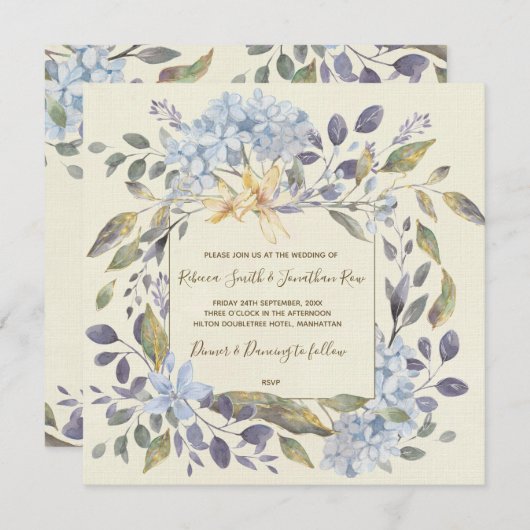 Blauwe botanische bloemen uitnodiging hortensia (Voorkant / Achterkant)