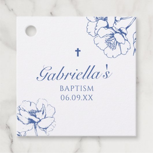 Blauwe Botanische Bloemendoop Bedankjes Labels (Voorkant)
