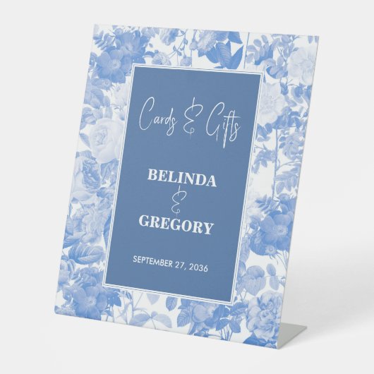 Blauwe Botanische Bloemige Trouwkaarten & Cadeaus Reclamebord Met Voetstuk (Voorkant)