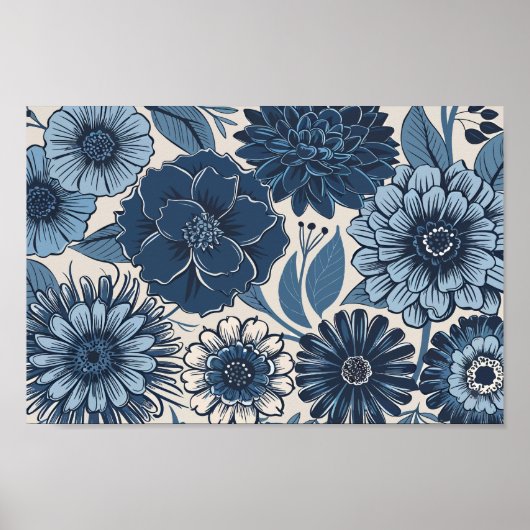 Blauwe Botanische Bloesems: Elegante Bloemkunst Poster (Voorkant)