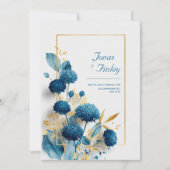 Blauwe Botanische Chrysant & Goud Lijst bruiloft Kaart (Voorkant)