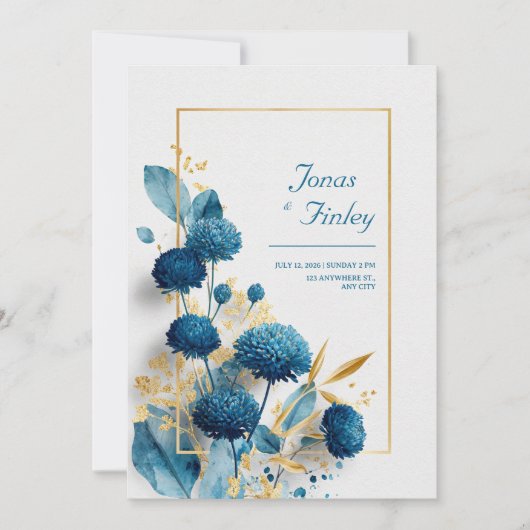 Blauwe Botanische Chrysant & Goud Lijst bruiloft Kaart (Voorkant)