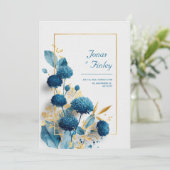 Blauwe Botanische Chrysant & Goud Lijst bruiloft Kaart (Staand voorkant)