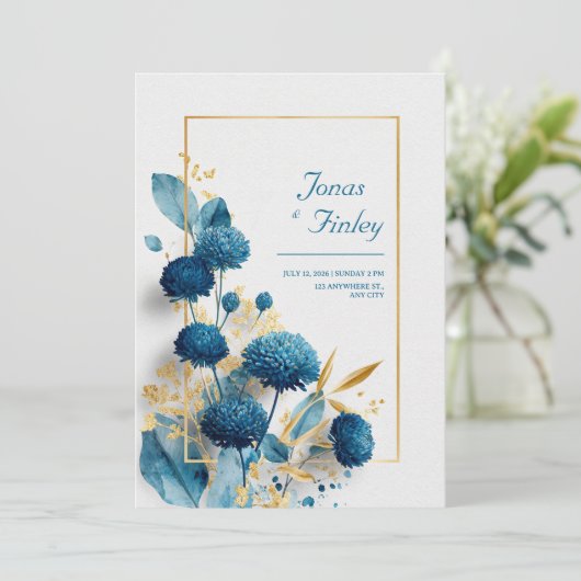 Blauwe Botanische Chrysant & Goud Lijst bruiloft Kaart (Staand voorkant)