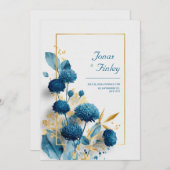 Blauwe Botanische Chrysant & Goud Lijst bruiloft Kaart (Voorkant / Achterkant)