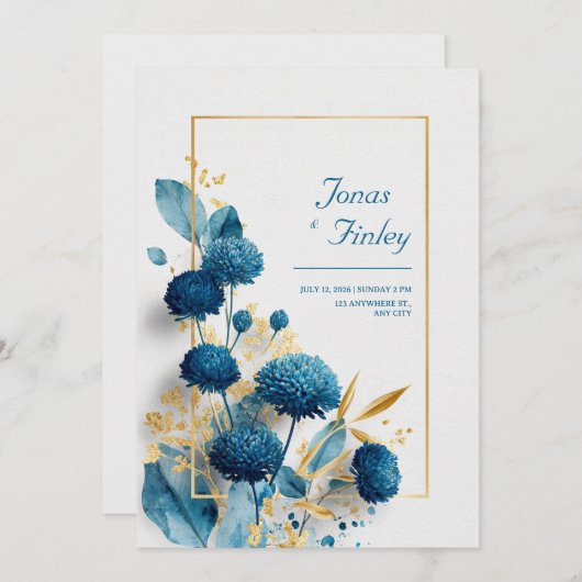 Blauwe Botanische Chrysant & Goud Lijst bruiloft Kaart (Voorkant / Achterkant)