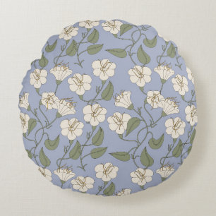 Blauwe botanische cottage core floral rond kussen