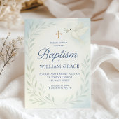 Blauwe Botanische Doop Uitnodiging met Duif