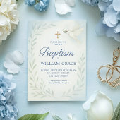 Blauwe Botanische Doop Uitnodiging met Duif