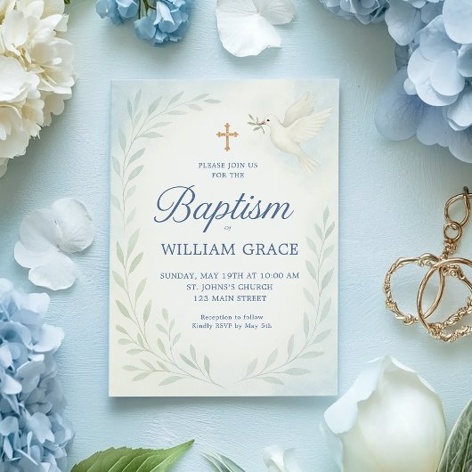 Blauwe Botanische Doop Uitnodiging met Duif