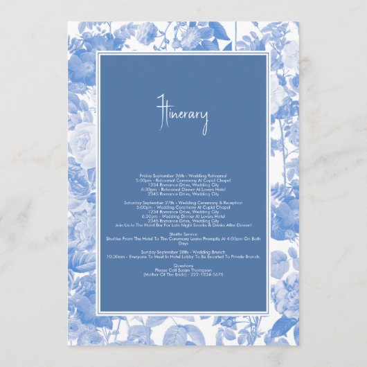 Blauwe botanische Florals Weddenschap Programmakaart (Achterkant)