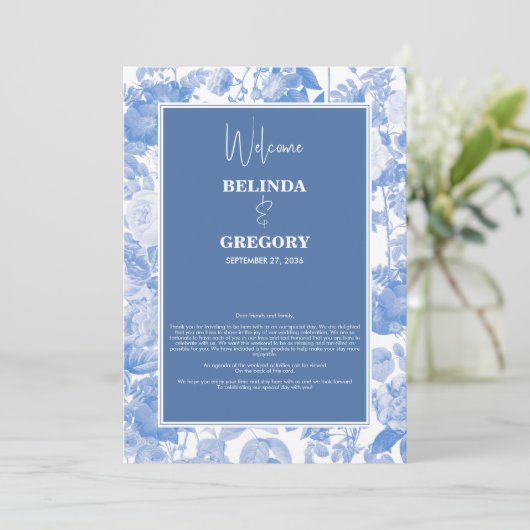 Blauwe botanische Florals Weddenschap Programmakaart (Staand voorkant)