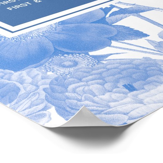 Blauwe botanische Florals Wedding Seating Chart Poster (Hoek)