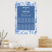 Blauwe botanische Florals Wedding Seating Chart Poster (Keuken)