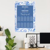 Blauwe botanische Florals Wedding Seating Chart Poster (Thuiskantoor)