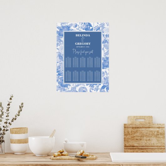 Blauwe botanische Florals Wedding Seating Chart Poster (Keuken)