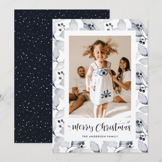 Blauwe Botanische Foto Vrolijk Kerstfeest Kaart (Voorkant / Achterkant)