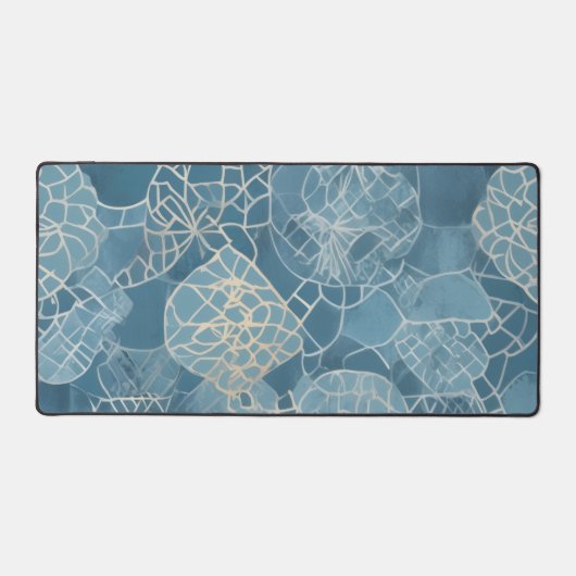 Blauwe Botanische Geometrische Batik Bureaumat (Voorkant)