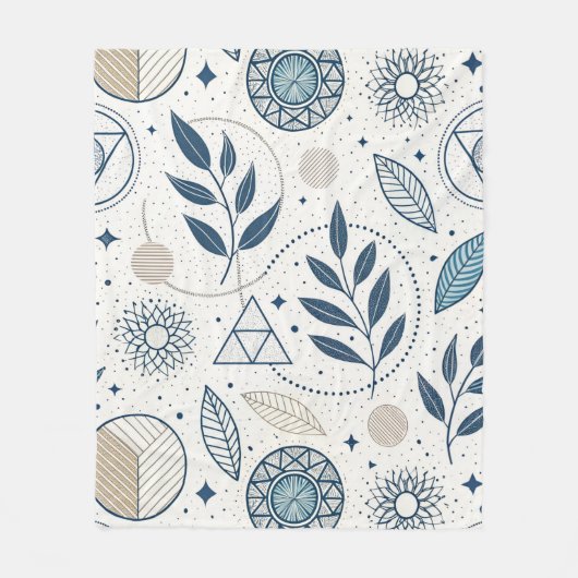 Blauwe botanische geometrische doedel fleece deken (Voorkant)