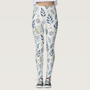 Blauwe botanische geometrische doedel leggings