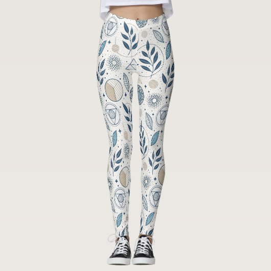 Blauwe botanische geometrische doedel leggings (Voorkant)