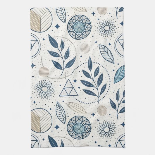 Blauwe botanische geometrische doedel theedoek (Verticaal)