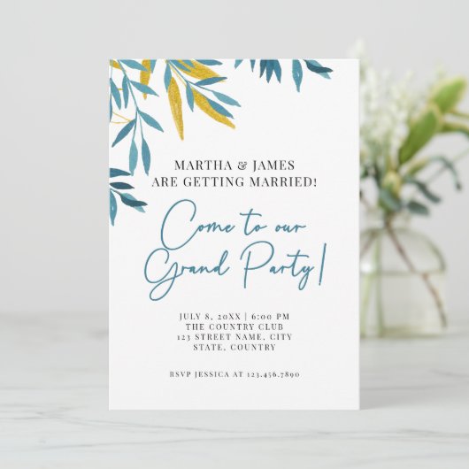 Blauwe Botanische Grote Feestbruiloft Uitnodiging (Staand voorkant)