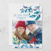 Blauwe Botanische kerstfoto en naam Feestdagenkaart (Voorkant)