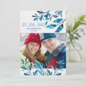 Blauwe Botanische kerstfoto en naam Feestdagenkaart (Staand voorkant)
