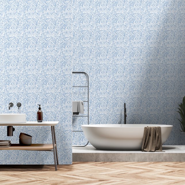Blauwe Botanische Lijnkunst Bloemige Behang (Badkamer)
