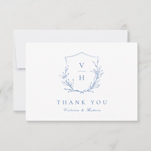 Blauwe, botanische monogram bruiloft bedankkaart (Voorkant)