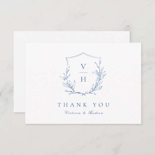 Blauwe, botanische monogram bruiloft bedankkaart (Voorkant / Achterkant)
