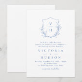 Blauwe, botanische monogram bruiloft kaart (Voorkant / Achterkant)