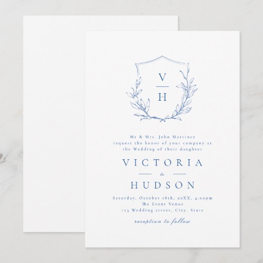 Blauwe, botanische monogram bruiloft kaart (Voorkant / Achterkant)