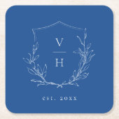 Blauwe, botanische monogram bruiloft kartonnen onderzetters (Voorkant)