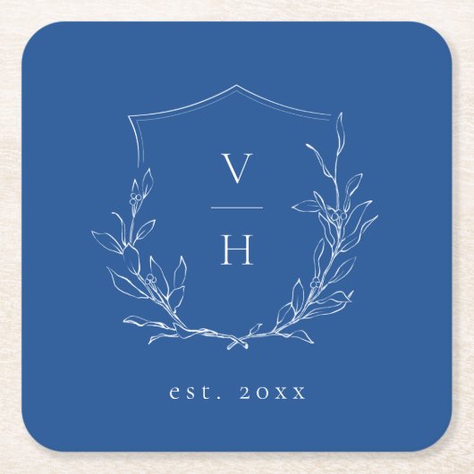 Blauwe, botanische monogram bruiloft kartonnen onderzetters (Voorkant)