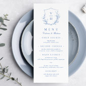 Blauwe, botanische monogram bruiloft menu