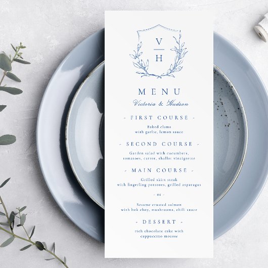 Blauwe, botanische monogram bruiloft menu