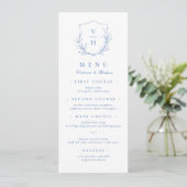 Blauwe, botanische monogram bruiloft menu (Staand voorkant)