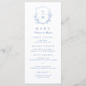 Blauwe, botanische monogram bruiloft menu (Voorkant)