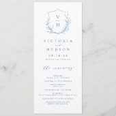 Blauwe, botanische monogram bruiloft programmakaart (Voorkant)