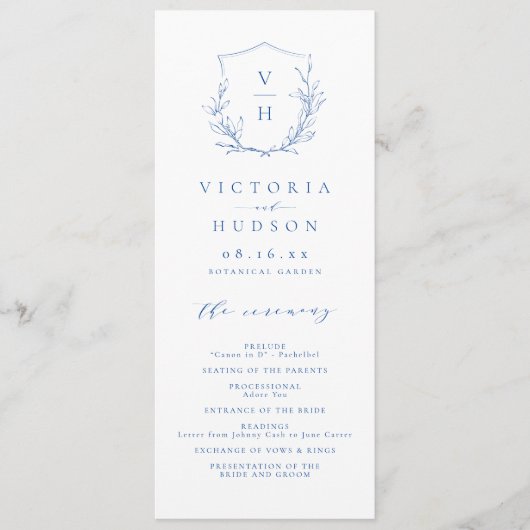 Blauwe, botanische monogram bruiloft programmakaart (Voorkant)