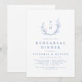 Blauwe botanische monogram repetitie diner kaart (Voorkant / Achterkant)