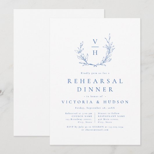 Blauwe botanische monogram repetitie diner kaart (Voorkant / Achterkant)