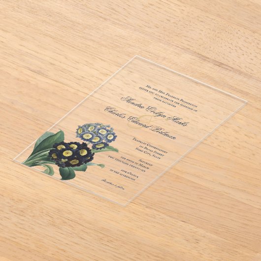 Blauwe Botanische Primrose Acryl Uitnodigingen (Laagn)