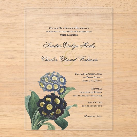  Blauwe Botanische Primrose Acryl Uitnodigingen (Voorkant)