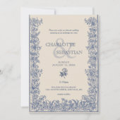 Blauwe botanische rand vintage bruiloft kaart (Voorkant)